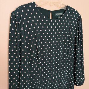 Lauren by Ralph Lauren forest green white polka dots dress 8 cottagecore EUC